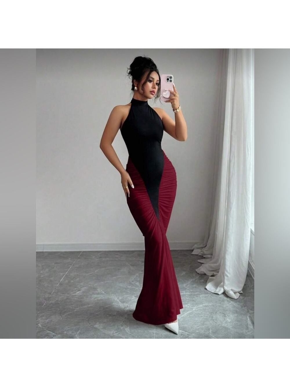NEW SHEIN Color Block Halter Neck Cinched Waist Fishtail Hem Elegabt Maxi Dress